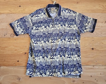 Polo da golf vintage anni '90 NWT Northwest Territory con motivo floreale e colletto tg. XL blu beige