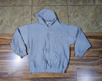 Vintage Tultex Blank Gray Zip Up Hoodie Sweatshirt Metal Zipper 1990s Sz L