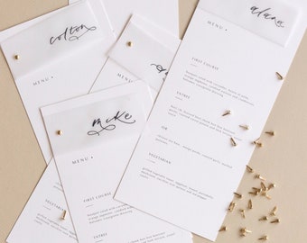 Printed Table Menu's with Name Card, Minimal Menu Cards with Gold accent, Wedding menu card