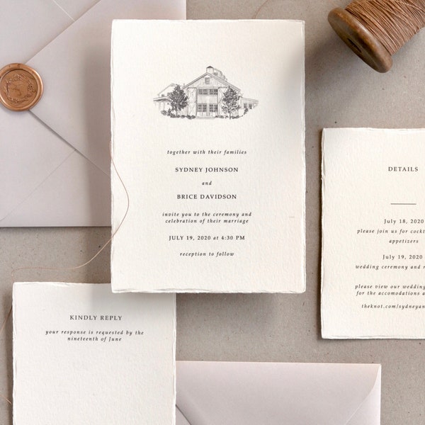 Venue Illustration Wedding Invitation, Cream Wedding Invitation Suite, Printed Elegant Wedding Invitations, Wedding Invites and Rsvp Card
