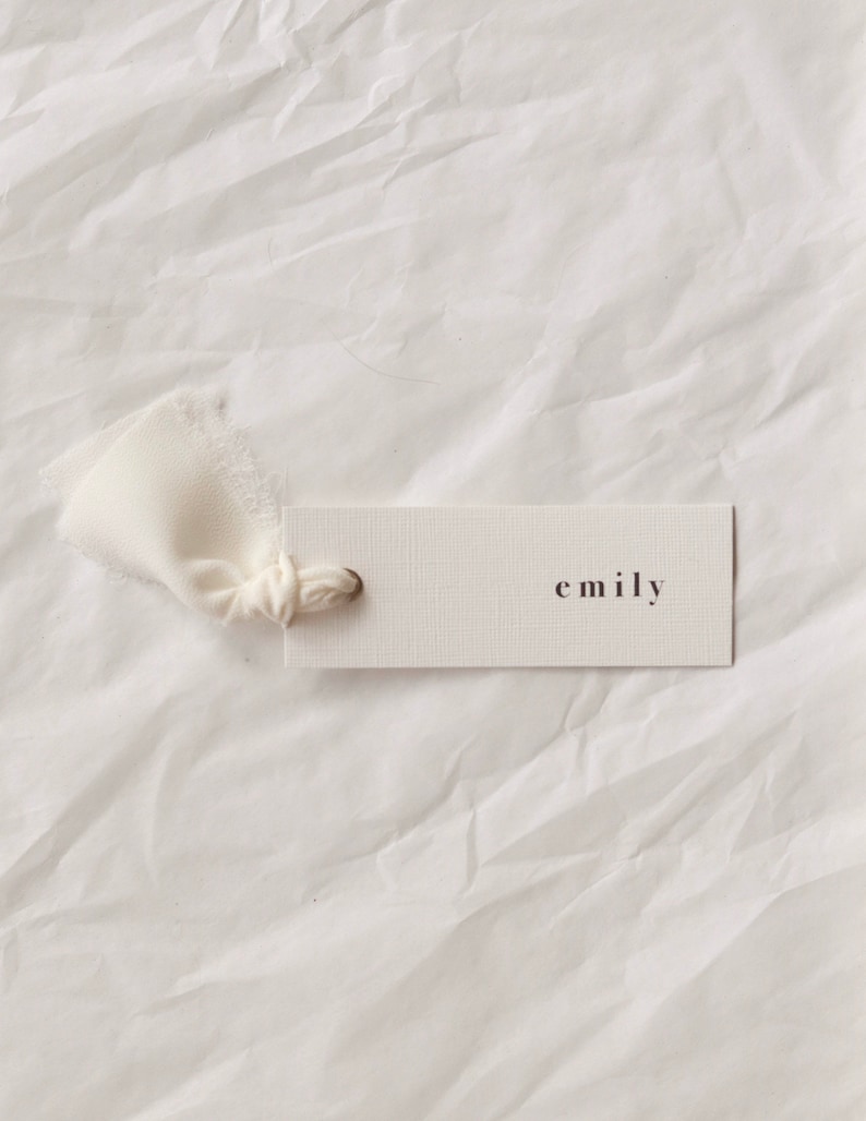 Modern place cards with ribbon attached, bold text escort cards, black and white name cards image 1