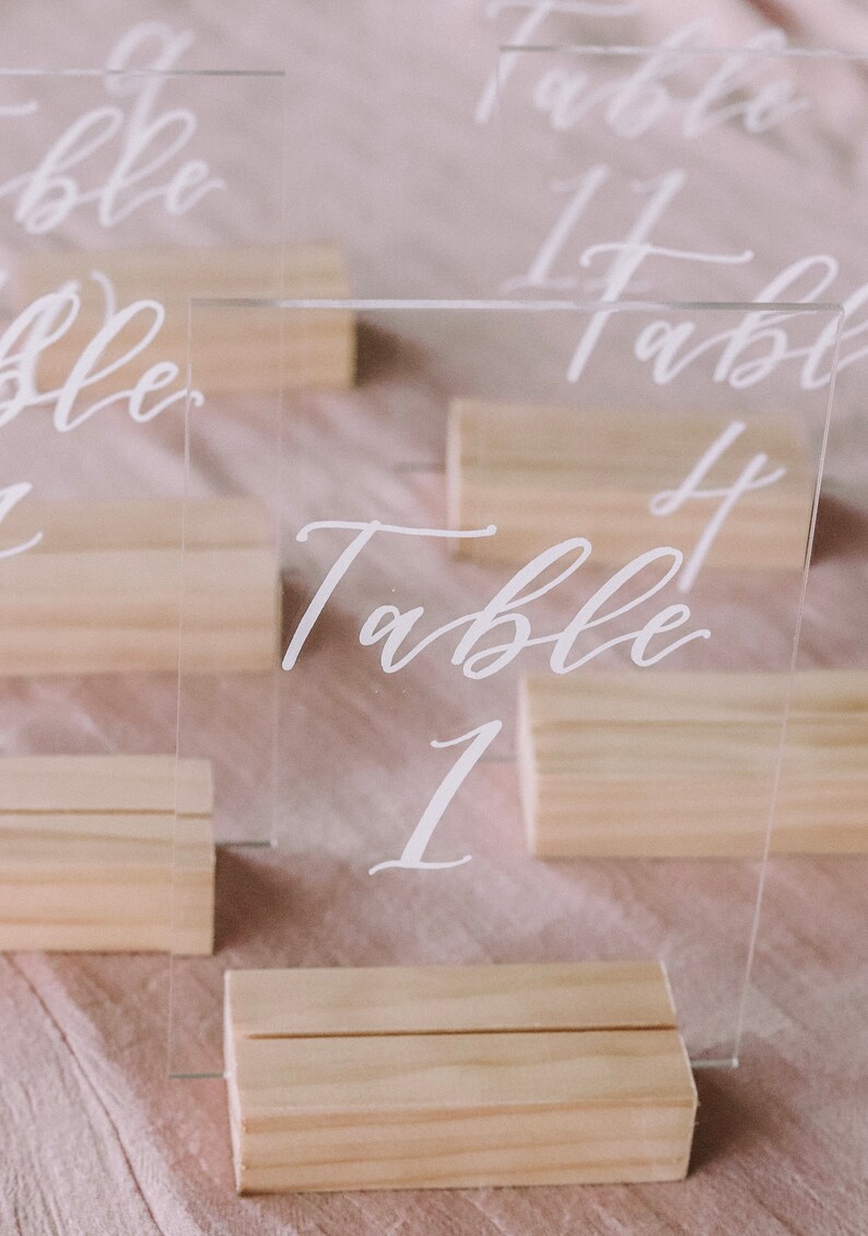 Acrylic Table Numbers with Wood Stand Hand Lettered Table Etsy
