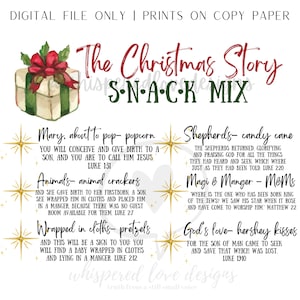 May include: A printable Christmas snack mix guide with a red and green gift box illustration. The guide includes a list of snack items and corresponding Bible verses from the Christmas story.