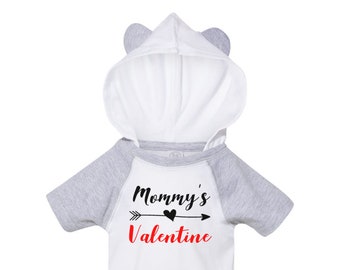 Mommy's Valentine Raglan Bodysuit with Hood & Ears - Love Outfit - Fine Jersey Infant, Boys, Girls, Baby size NB 6M 12M 18M Valentine's Day