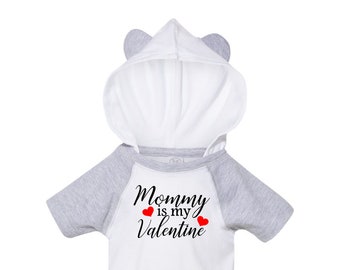 Mommy is my Valentine Boy Raglan Bodysuit with Hood & Ears - Love Outfit - Fine Jersey Infant, Boys, Girls, Baby size NB 6M 12M 18M