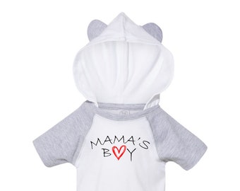Mama's Boy Raglan Bodysuit with Hood & Ears - Love Outfit - Fine Jersey Infant, Boys, Girls, Baby size NB 6M 12M 18M Valentine's Day