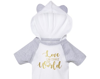 Love Can Change The World Raglan Bodysuit with Hood & Ears, Baby Clothing, Cute Baby Bodysuit, Baby Gift, Cotton Toddler Outfit