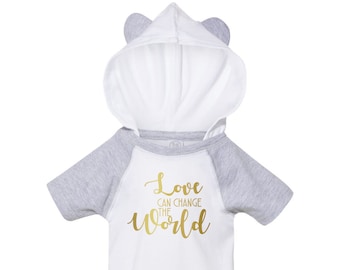 Love Can Change The World Raglan Bodysuit with Hood & Ears, Fine Jersey Infant, Boys, Girls, Baby NB 6M 12M 18M Valentine's Day