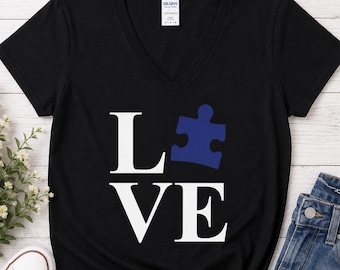Ladies V Neck Love Autism Puzzle Piece Awareness, Support Graphic Shirt Tee Gift Womens