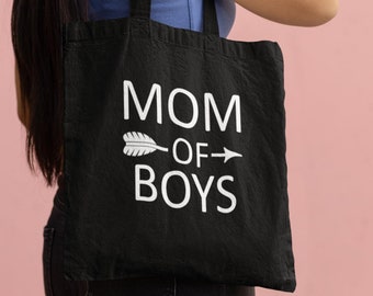 Mom of Boys Tote Bag, Funny Mom Gift, Canvas Grocery Bag, Mothers Day Shoulder Bag, Reusable Shopping Bag for Moms, Large Market Tote