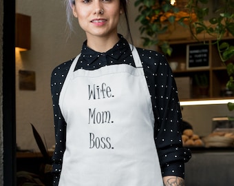 Apron - Wife Mom Boss, Kitchen Apron with Three-section Pocket, Mommy, Mama, Cooking Gift for Mothers Day, Mom Life