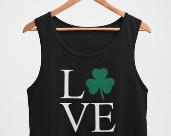 Mens Tank Top - LOVE - Retro Shamrock Shirt, Shenanigans Shirt, Cute St Patricks Day Shirt, Lucky Tee, Irish Shirt, Four Leaf Clover