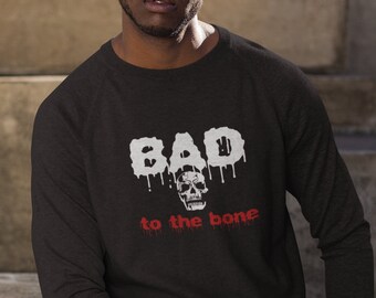 Bad To The Bone Shirt, Skull Halloween Long Sleeve Tee, Black Skeleton Top, Punk Rock Costume Shirt, Scary Party Outfit, October Fall Gift