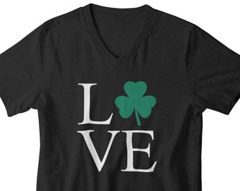 Mens V-neck - LOVE - Retro Shamrock Shirt, Shenanigans Shirt, Cute St Patricks Day Shirt, Lucky Tee, Irish Shirt, Four Leaf Clover