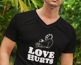 Mens V-neck - Love Hurts T Shirt, Anti Valentines Day Party Shirts, Gift For Single, Broken Heart, Heartbreak, Meow