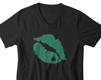 Mens V-neck - Kiss - St. Patricks Day Shirt, Retro Shamrock, Shenanigans Shirt, Cute St Patricks Day, Lucky, Irish Shirt, Four Leaf Clover