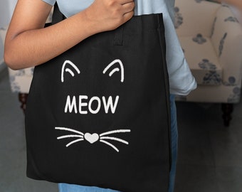 Meow, Tote Bag, Shopping Bag, Shoulder Bag, Grocery Bag, Canvas Bag, Mothers Day Gift, Mother of Cats, Cat Lover, Cat Mom