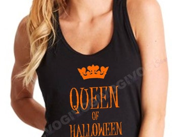 Queen Of Halloween Tank Top, Racerback Womens Costume, Funny Crown Graphic Tee, Party Outfit, Spooky Season Gift, Many Colors, Autumn Wear