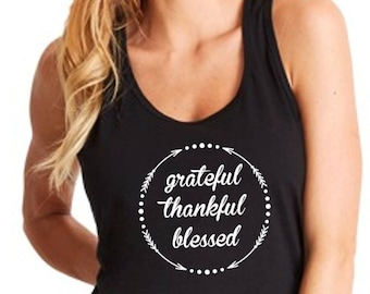 Grateful Thankful Blessed Tank Top, Womens Racerback Shirt, Thanksgiving Shirt, Fall Outfit, Holiday Tee, Blessed Mama, Autumn Graphic Tank
