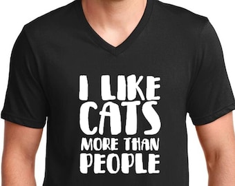 Mens V-neck I Like Cats More Than People T Shirt, Funny Cat Shirt, Meow T Shirt, Meow Tee, Black Cat Shirt, Cute Cat Shirt, Funny Black Cat