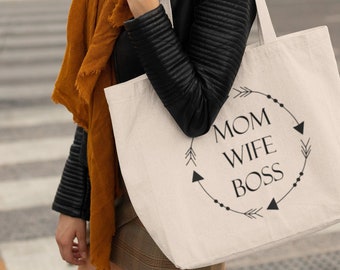 Mom Wife Boss Tote Bag, Funny Gift for Mom, Canvas Shopping Purse, Grocery Shoulder Bag, Strong Mom Tote, Mothers Day Gift, Mom Life Bag