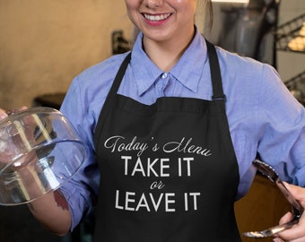 Todays Menu Apron, Kitchen Apron, Cooking Gift, Mom Gift, Mommy, Mama, Mothers Day, Funny Humor Gift, Adjustable Apron, Pockets