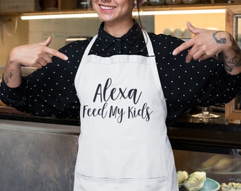 Apron - Alexa, Feed My Kids, Kitchen Apron with Three-section Pocket, Mommy, Mama, Cooking Gift for Mothers Day, Mom Life