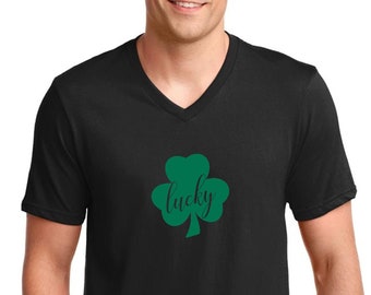Lucky Mens V Neck Shirt, Green Clover St Patrick Day Tee, Irish Shamrock Shirt, Lucky Charm Gift, Funny Pub Crawl Party Outfit