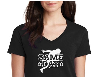 Womens V-neck - Game Day T Shirt, Football Player Gift, Game Night, Funny T-Shirt, Fan, Jersey Tee, Football Mom, Mothers Day