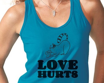 Womens Tank Top - Love Hurts T Shirt, Anti Valentines Day Party Shirts, Gift For Single, Broken Heart, Heartbreak, Meow