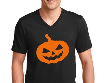 Mens V Neck Pumpkin #2 T Shirt, Autumn Fall Tee, Halloween Party Shirt, Holiday Family Top, Fall Graphic Shirt, Spooky October Shirt