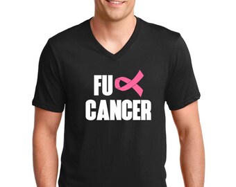 Men's V-neck  FU CANCER #2 -  Hope T-Shirt - Just Beat It Tee Shirt For Him - Support - Pink Ribbon - The Breast Cancer Awareness Month