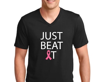 Mens V-Neck Breast Cancer Awareness Shirt: Just Beat It Support Tee
