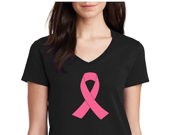 Pink Ribbon Shirt, Breast Cancer Awareness Tee, Womens V-Neck, Hope Support Top, Survivor Gift, Fight Cancer Tee, Handmade HTV Vinyl, Black