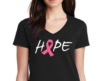 Hope Shirt, Pink Ribbon Tee, Breast Cancer Awareness Top, Womens V-Neck, Survivor Gift, Support Apparel, Fight Cancer, Handmade HTV Vinyl
