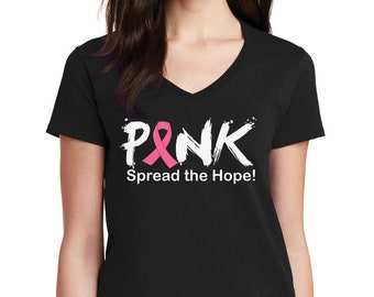 Pink Spread The Hope Shirt, Breast Cancer Awareness Tee, Womens V-Neck, Pink Ribbon Top, Survivor Support Gift, Fight Cancer Tee, Handmade