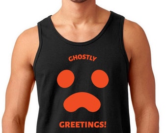 Ghostly Greetings Tank Top, Funny Halloween Shirt, Men's Halloween Tank, Spooky Ghost Top, Black White Tank, Halloween Shirt, Halloween Gift