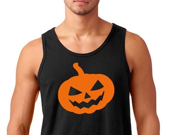 Mens Black Tank Top, Pumpkin #2 Halloween Shirt, Scary Face Skeleton Tee, Easy Costume Tank, Funny Halloween Outfit, Sleeveless Cotton Shirt