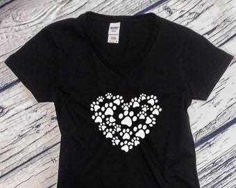 Womens V-neck - Heart Paw T-Shirt Dog Cat Animal Lover Pet Tee T Shirt Valentines Day Love Paws - Christmas Gift