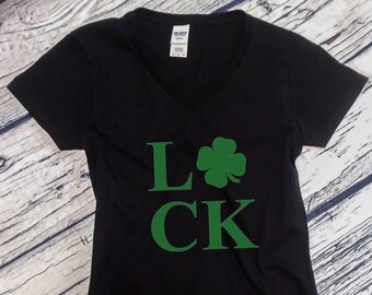 Womens V-neck - Luck - Saint Patrick's Day Shirt, Green Clover, Irish Shamrock T-Shirt, St. Patricks Day Shirt, St Paddy Shirt, Lucky Shirt