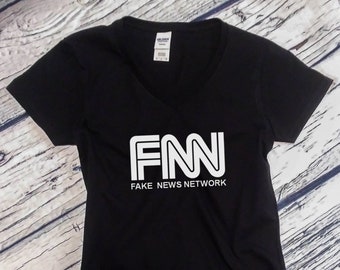 Womens V-neck FNN Fake News Network T-shirt President Trump Tee Funny Anti Liberal Shirt