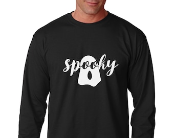 Spooky Halloween Shirt, Funny Ghost Long Sleeve Tee, Black Fall Top, Scary Costume Shirt, October Party Outfit, Minimalist Spooky Graphic