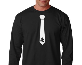 Long Sleeve - Fake Tie Shirt- Puzzle Piece T-Shirt - Autism Awareness T-Shirt - Autism Society Support Tee - Autistic Gift