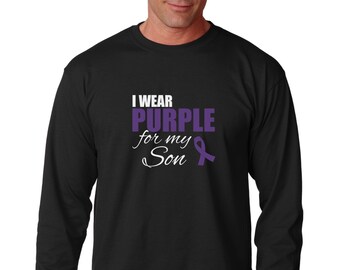 Long Sleeve I Wear Purple For My Son T Shirt, Purple Ribbon T-Shirt, Epilepsy, Pancreatic Cancer, Mental Health Awareness Support