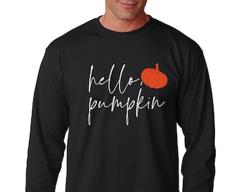 Hello Pumpkin, Long Sleeve Crewneck, Autumn Halloween, Thanksgiving Thankful, Spice Harvest, Fall Cozy Holiday, Tee, Grateful Family, Black
