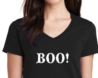Boo Womens V Neck Shirt, Funny Halloween Top, Scary Spooky Tee, Cute Fall Shirt, Halloween Costume Tee, Halloween Gift, Ghost Outfit