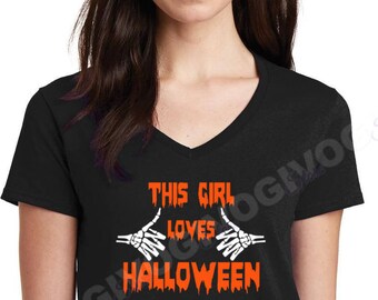 This Girl Loves Halloween Womens V Neck Shirt, October 31st Halloween Tee, Festive Fun Shirt, Womens Halloween Graphic Top, Black Cotton