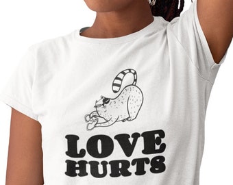 Womens - Love Hurts T Shirt, Anti Valentines Day Party Shirts, Gift For Single, Broken Heart, Heartbreak, Meow