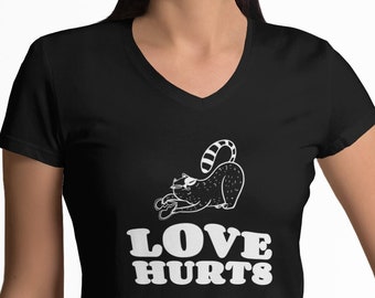 Women's V-neck - Love Hurts T Shirt, Anti Valentines Day Party Shirts, Gift For Single, Broken Heart, Heartbreak, Meow