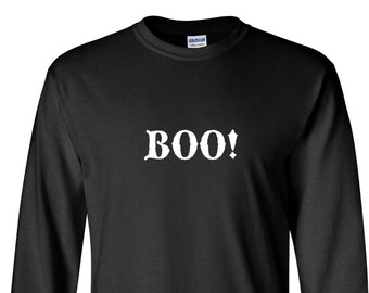 Boo Halloween Shirt, Funny Ghost Long Sleeve Tee, Black Spooky Top, Scary Costume Shirt, October Party Outfit, Casual Fall Gift